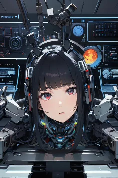 masterpiece, best quality, extremely detailed,portrait,upper body,front view,Japaese android girl,Plump, control panels,android,Droid,Mechanical Hand, Robot arms and legs,Blunt bangs,long tube,thick cable connected her neck,