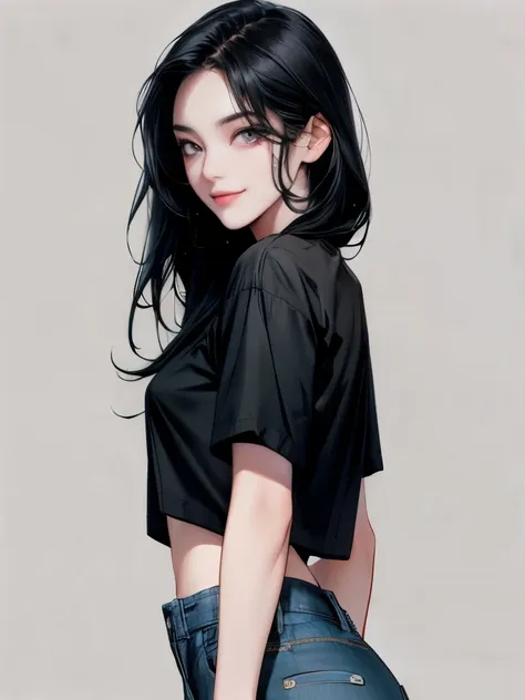 asian long black hair with siren eyes and long lashes with a rainy back ground and wearing a cropped shirt with short jeans with...