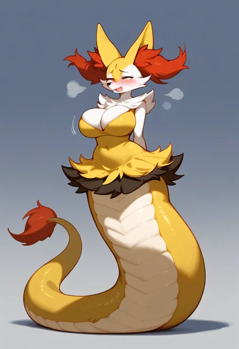 alone, score_9,score_8_up,score_7_up, anthro female braixen ,nude, class background, standing, , female  , big breasts, wide hips, thick thighs  , embarrased,random clothes, orgasm, feet spread, knees together,skirt l, lamia