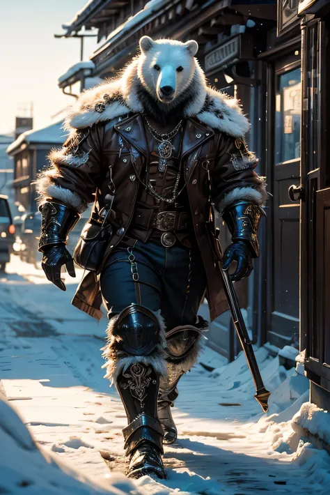 8к, Describe a picturesque scene where a polar bear, dressed in intricate winter cold steampunk armor predominantly white, with white coat, majestically walks through of a snowy with a steampunk vibe. Detail the unique appearance of the armor, its ornate g...