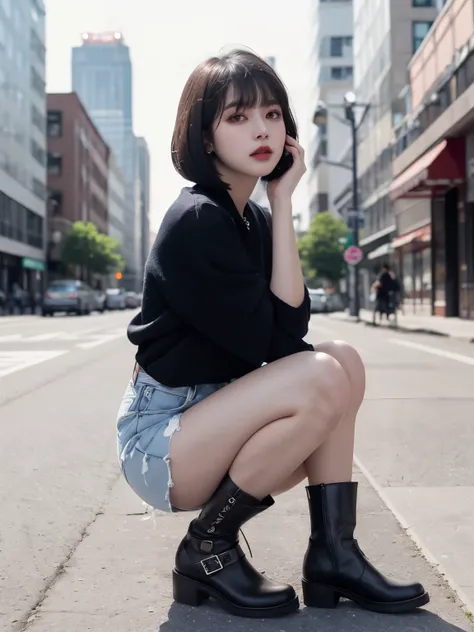  ulzzang-6500-v1.1,( RAW photo:1.2), (Realistic), (Genuine:1.4), (masterpiece),  Elegant woman with perfect figure : 1.3,  Jet Black Hair 、((Bob cut with straight ends , short hair、bangs))、( She wears dark purple furunose with an elegant pattern..)、Majesti...