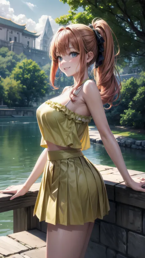  very cute and beautiful girl ,( very detailed beautiful face ),  Pink Camisole, standing , cowboy shot BREAK  (smile), happy , Viewers,(pleated yellow super miniskirt:1.2),( skirt flip, white panties ), River side, bridge ,tree々,summer,  detailed landscap...