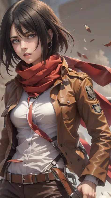 "master part,  best quality , Altas, Hmmikasa, short hair, black eyes, echarpe, emblem, belt, thigh strap, red scarf, white pant, jacket marrom, long sleeves, holding gun, sword,  outdoor,  very detailed background ,  Mikasa Ackerman,  Shingeki no Kyojin, 1girl, fringe, belt, fivela de belt, black eyes,  black hair , belt marrom, jacket marrom, fivela, shirt social,  hair between the eyes, jacket, long sleeves, mid hair, open clothes, jacket aberta, open mouth, military uniform paradise, red scarf, scarf, shirt, Alone, standingn, straight hair, suspenders,  three-dimensional maneuvering equipment,  white background, shirt branca, wing collar,  masterpiece ."