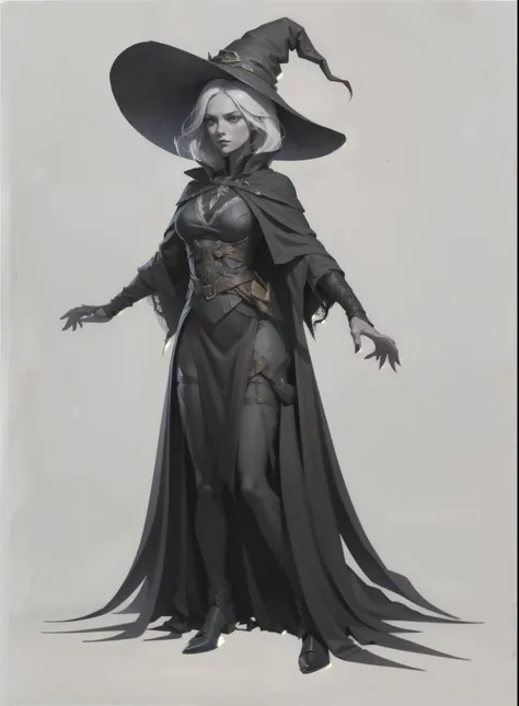 rpg character ,  i want a character with a white background, png, a witch, sexy,  black clothes,  witch hat and distracted postu...