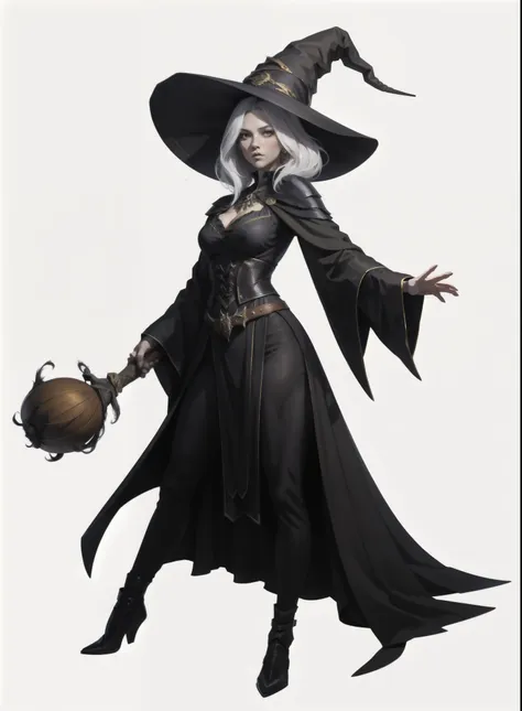 rpg character ,  i want a character with a white background, png, a witch, sexy,  black clothes,  witch hat and distracted postu...