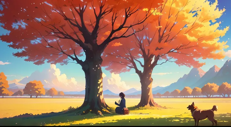 anime scene of a woman and a dog under a tree, beautiful anime scene, anime beautiful peace scene, todays featured anime still, anime countryside landscape, anime background art, makoto shinkai cyril rolando, colorful anime movie background, anime nature w...