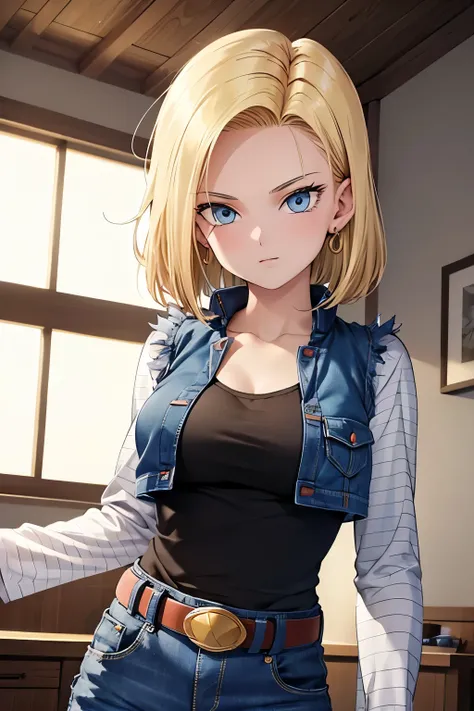 (8k, raw photo, masterpiece, extremely detailed, best quality, professional lighting, high res), BREAK beautiful and adorable girl, Android18DB, 1girl, android 18, blonde hair, blue eyes, belt, jeans, black shirt, short hair, long sleeves, stripe pattern s...