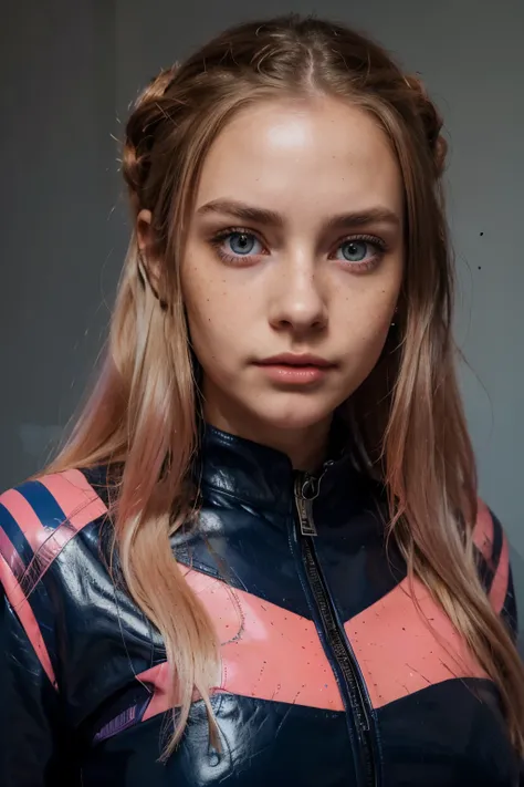 Ultra Realistic. Young girl, 16. Very long shiny dark blonde hair, highlighted with pink ombre. Big hyper realistic eyes, dark electric blue, limbal rings. Oval face, freckles everywhere, scar across full Pouty lips. HD, realistic orange top with navy blue...