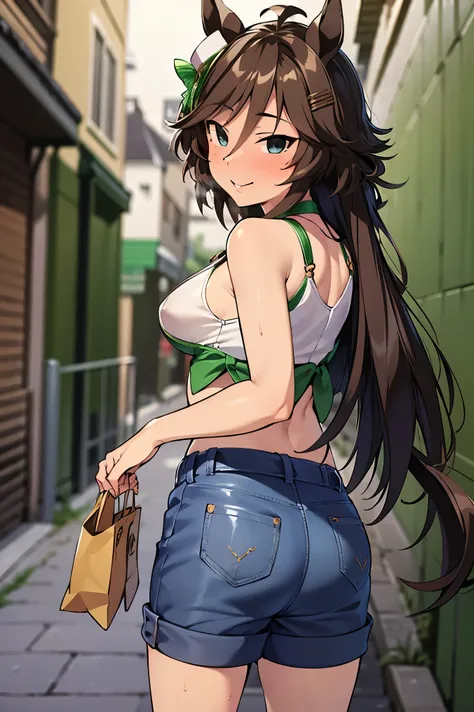 NSFW,masterpiece,Best Quality, Hi-Res, very detailed,mr. c.b. (Uma Musume),blush, off-shoulder , Crop Top , shorts,Heeled Sandals,Nightlife,Back Alley,Seduce,Butt