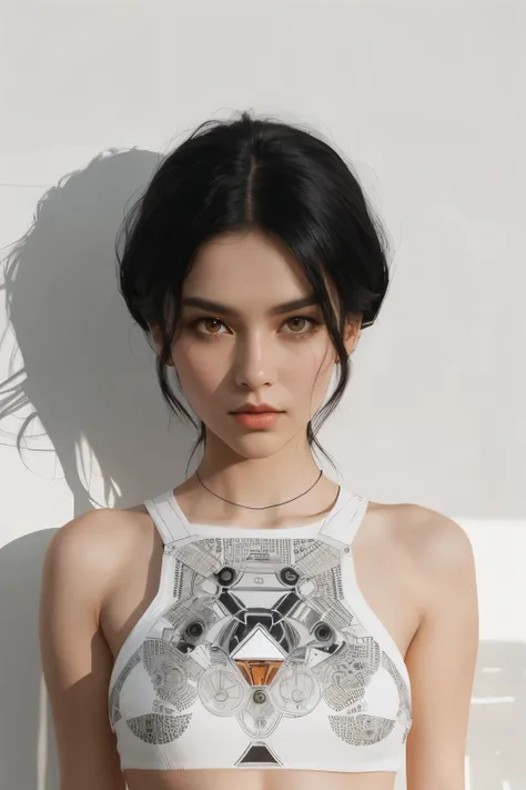 Masterpiece, premium quality, a girl, Mechanical armored girl, solo performance, stylish cropped top, Black fluffy long hair, Gorgeous black hair, The face is symmetrical and looking directly at the camera, powerful expression, warm orange hues, energetic ...