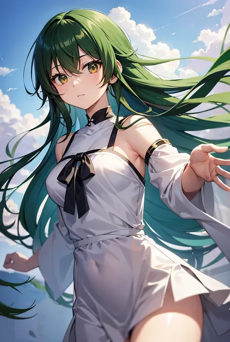 Kagami no Kuni: Scattered Fragments: Girl with Long Hair Falling Upside Down Anime Beautiful Girl with Emerald-colored Hair Reflected in Fragments, Empty Expression, Thin Clouds