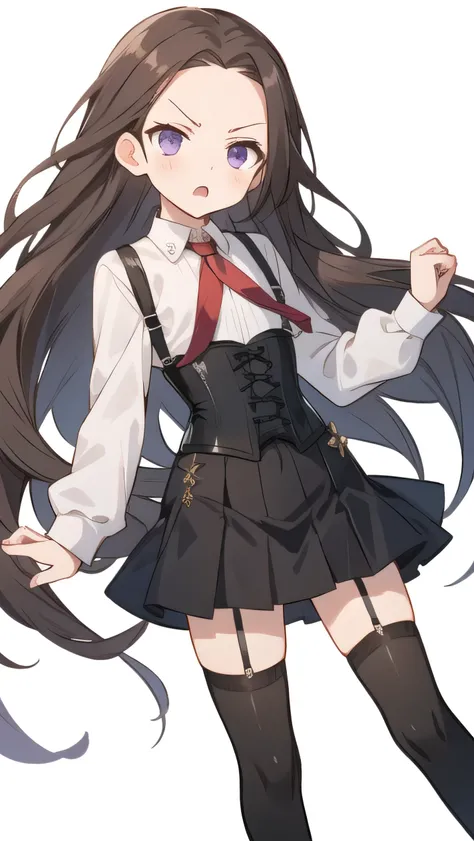 Brown hair, long hair, purple eyes,middle part，  wide forehead, white shirt, long sleeves, (black corset:1.2), black miniskirt, black knee socks, middle school student, (flat chest:1.1) , short, narrow eyes, hanging eyes, forehead, straight hair, suspender...