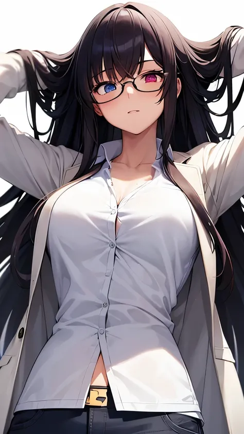 1girl,long hair,heterochromia eyes,glasses,white shirt,jacket,midriff