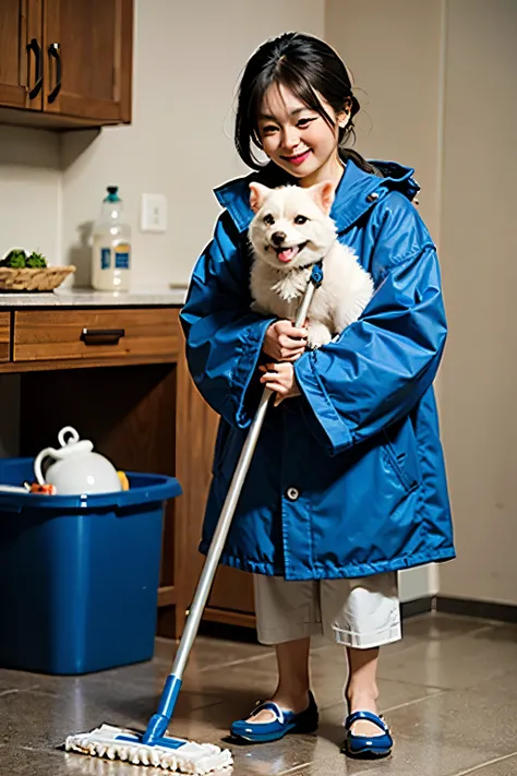  small dog character with a blue coat
With a soft, rounded form、Cleaning tools（The figure holding a mop or vacuum cleaner ） makes for a cute design 