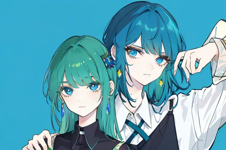 the minimalists，fashion girl，dark green hair， blue background，wearing special peacock earrings，clear eyelashes， bright blue eyes