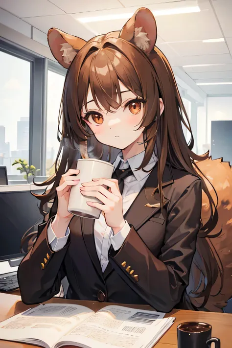 a cute hamster girl, detailed brown ears with deeper interior, brown fur, brown fluffy neck ruff, fluffy brown tail with light brown tip, big brown eyes, wearing a business suit, sitting in an office, masterpiece, best quality, holding a cup of coffee