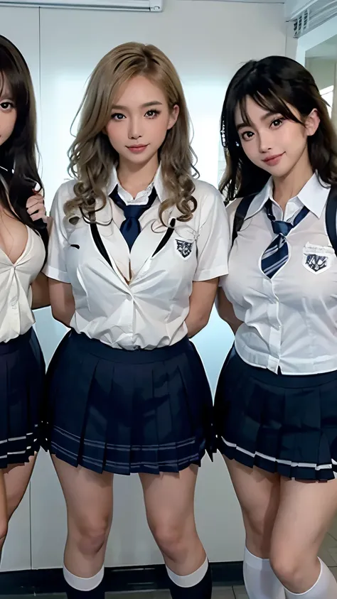(scene; (3 people:1.8)), gal, (Tall high school girl 3 people), (Shopping mall, Shopping Street, street, Outdoor), (Look this way Are standing, Full body portrait, Photograph the whole body, Full-body image, Are standing, With legs spread, Doing sexy poses...