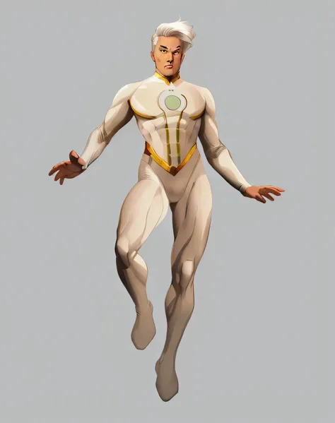 a 25 year old guy in a white suit, cool, comic book character, white hair, green eyes, smooth face, superhero body, comic book c...