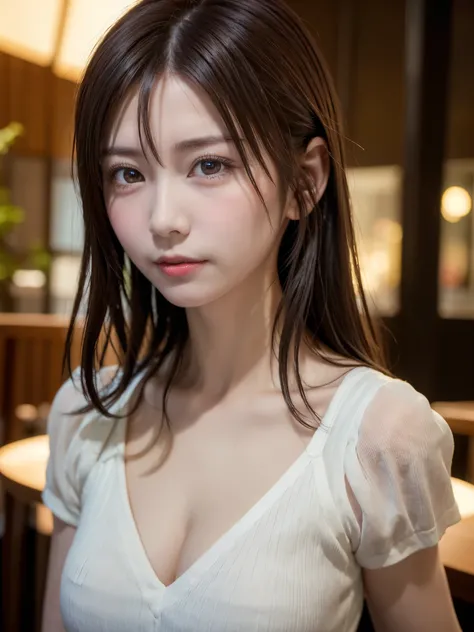 natta, Raw photography, (((Very beautiful portrait))), ((glistning skin)), 1girl in, Sexy 2 girl, Cafe Clerk、((Sauvages natural brown hair)), Gentle smile staring at the camera, ((​masterpiece, top-quality, ultra-detailliert, ciinematic light, intricate de...