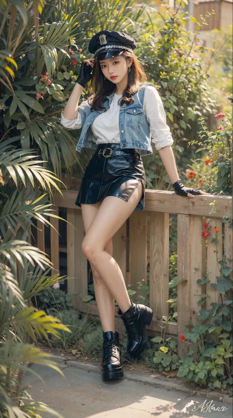 Beautiful Asia woman, police cap, white shirt, jeans vest, black leather skirt, lean on garden fence