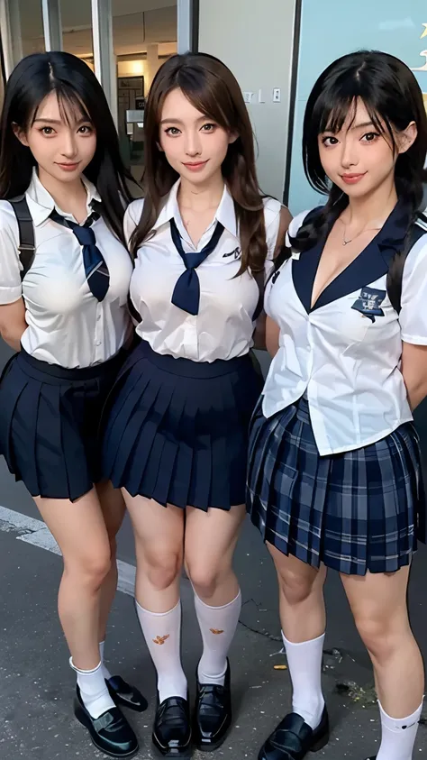 (scene; (3 people:1.8)), gal, (Tall high school girl 3 people), (Shopping mall, Shopping Street, street, Outdoor), (Look this way Are standing, portrait, Are standing, With legs spread, Doing sexy poses), (Thin thighs, Long, slender limbs, Small waist), ((...