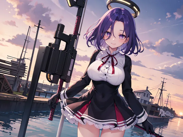 masterpiece, best quality, highres, mechanical halo, (big_breasts:1.2), black dress, neck ribbon, long sleeves, black gloves, outdoors, cowboy shot, standing, holding weapon, polearm,smile,,harbor_town_landscape,purple_halfeyes,(scornful eyes:1.4)