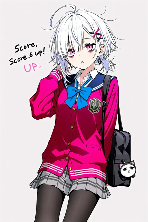 high image quality
 1 high school girl,  pink eyes、white hair、 shortcut,   low ponytail 、   earrings for one woman,  ahoge,   as...