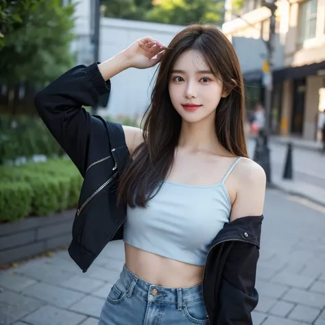 A young woman posing outdoors with a gentle smile. She has straight, dark brown hair and is wearing a black cropped camisole top, light blue jeans, and a black jacket that she wears off-shoulder. Her hands rest on her waist, giving her a playful, slightly ...