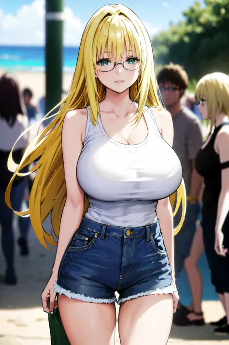 blonde hair, very huge tits , (( white tank top, short pants jeans)), ((glasses))), thick, busty, green eyes, long hair, upperbody, smile, legs, thigh, at beach, sky