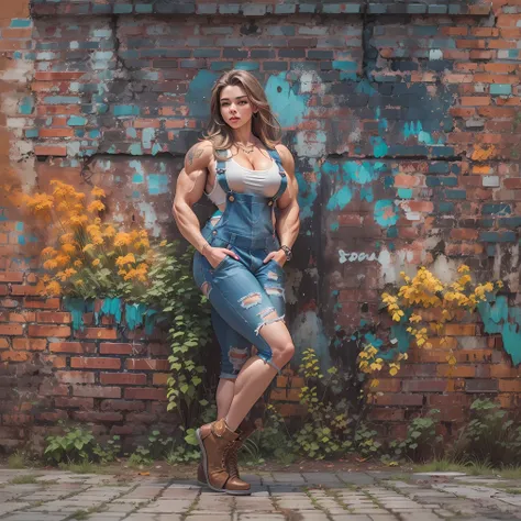 beautiful 19 year old girl, ((MASSIVE FEMALE BODYBUILDER:1.3)), ((voluptuous body:1.3)), ((HUGE BREASTS:1.3)), ((ripped overalls)), looking at camera, graffitied old brick wall, Hyperrealism, bloom, cowboy shot, UHD, best quality, highres, high details, 8k