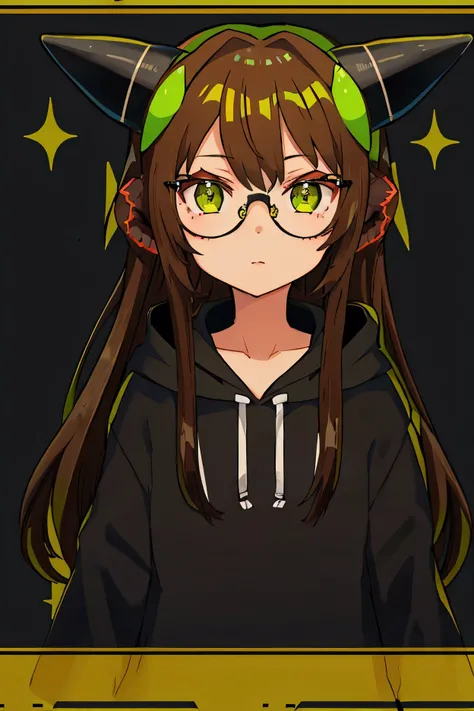 Solo,1girl,brown hair,green eyes,glasses,Black devil horns,Black hoodie