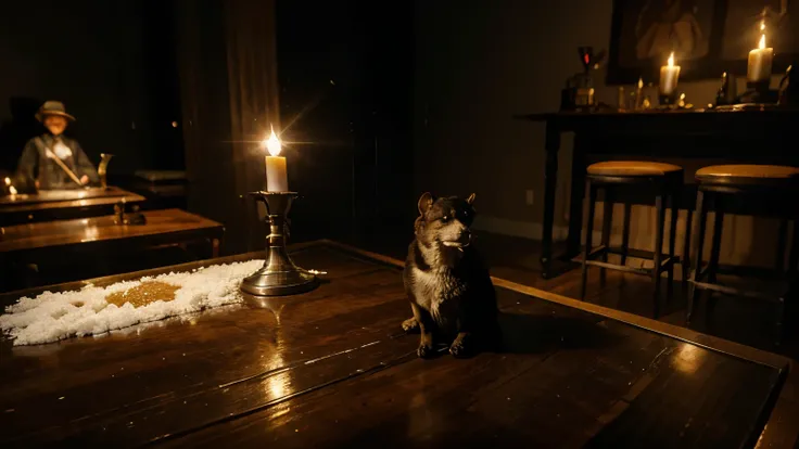 taxidermy lab, 1800s furniture, mysterious ambient lighting, candles, steel table, close-up on a pile of cocaine