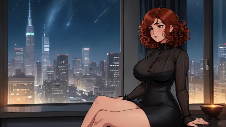 A brunette girl with curly hair and big breasts sits with her legs stretched out, taking a realistic photo, with short auburn hair sits on the edge of a rooftop at night, gazing out over a quiet cityscape illuminated by distant city lights. She is wearing ...