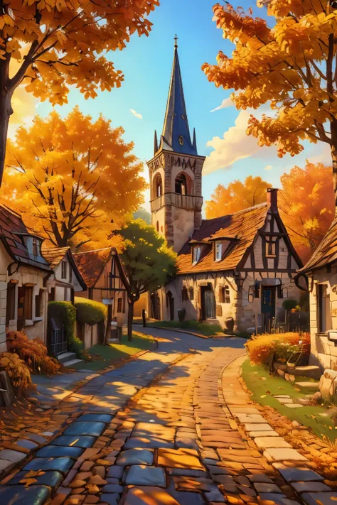 a beautiful european village street, village houses, cobblestone road, autumn foliage, golden sunset lighting, detailed autumn t...