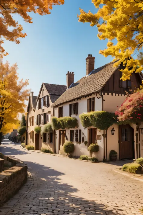 a beautiful european village street, village houses, cobblestone road, autumn foliage, golden sunset lighting, detailed autumn t...