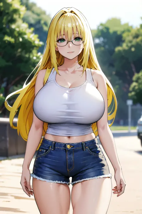 blonde hair, very huge tits, (( white tank top, short pants jeans)), ((glasses))), thick, busty, green eyes, long hair, upperbod...