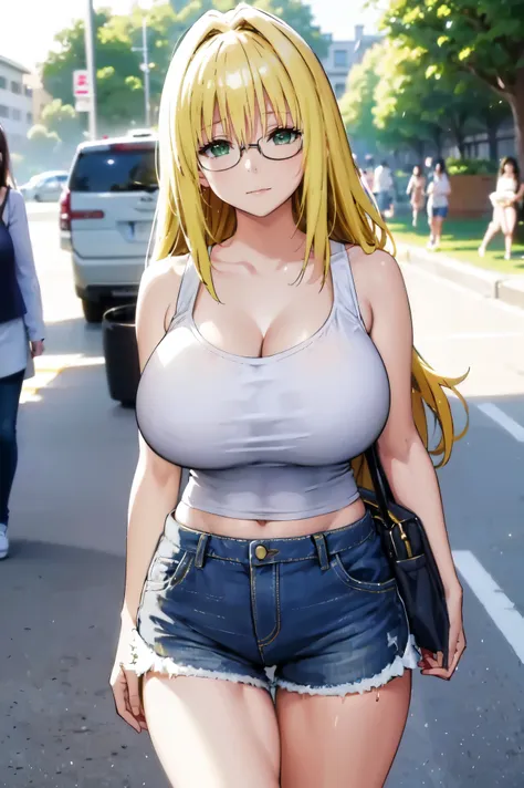 blonde hair, very huge tits, (( white tank top, short pants jeans)), ((glasses))), thick, busty, green eyes, long hair, upperbod...