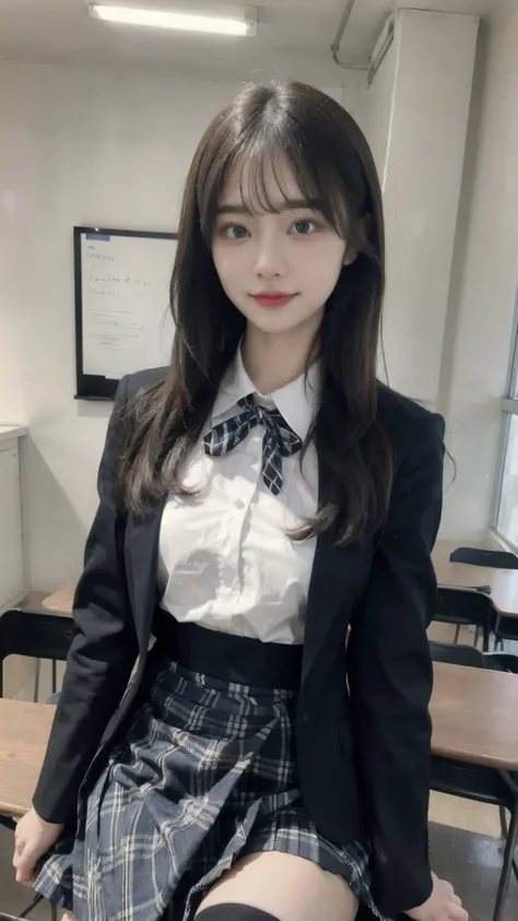 (Masterpiece, Masterpiece, 8k), One beautiful woman, Long hair, blue eyes, A blue ribbon in her hair, High School Outfit, Black blazer, Checkered pleated skirt, Blue tie, Big Breasts, Thighs, Wearing high stockings, In the classroom, Serious expression, Hi...