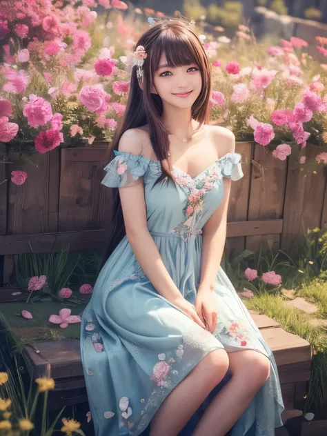 Girl with long hair and flowers ( Anime Style ),   cute girl is wearing a nice dress,  beautiful anime girl , Beautiful smile, cute detailed digital artwork ,  beautiful anime girl ,   petite curvy  ,  Guweiz Style Work ,  guweiz on artstation pixiv ,  det...