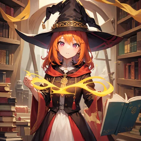 masterpiece, Best Quality,  perfect face,  highest resolution,  1 girl, young, Yellow red color hair, garnet color eyes, slender body,  fantasy, witch, Workshop, Books