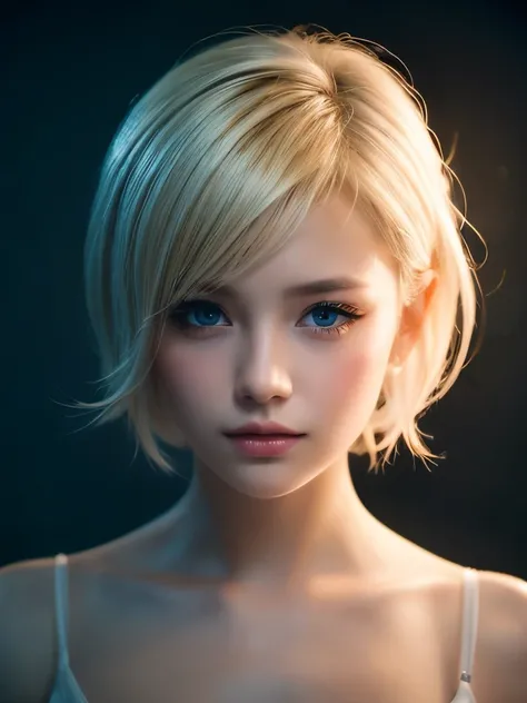  1 girl,beautiful, masterpiece, Best Quality, White background, Concept Art, blonde, short hair,  Cinematic Lighting , 8K RAW photo,