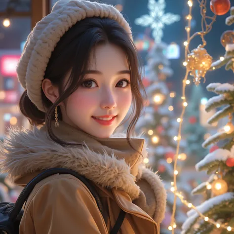 Ultra high resolution, ultra high quality. A stunning 18-year-old Japanese woman with a youthful and kawaii charm, standing in front of a dreamy, beautifully illuminated Christmas show window. The show window is adorned with spectacular Christmas decoratio...