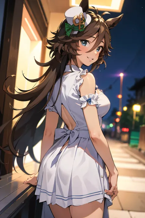 NSFW,masterpiece,Best Quality, Hi-Res, very detailed,mr. c.b. (Uma Musume),(Prostitute:1.5),High-quality dress,Embarrassed,blush,smile,Nightlife,Back alley at night