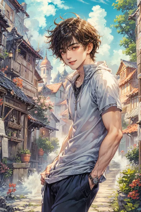 (absurdres, highres, ultra detailed, HDR), masterpiece, perfect faces, detailed faces, intricate details, extremely detailed background scenery, best quality close-up picture, orange eyes, korean boy, smile,   boy guy male man , art by kenouji 