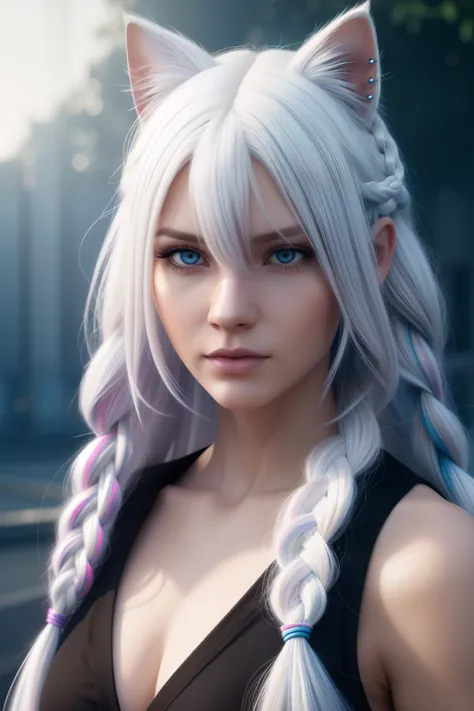 1woman, Long Hair, White Hair, Multicolored Hair, Gradient Hair, Floating Hair, Multiple Braids, piercing Blue eyes, Horizontal Pupils, cat ears, 8K Octane, Digital Art, Hyperrealism, Photorealistic, Soft Lighting, Unreal Engine, Depth Of Field, 