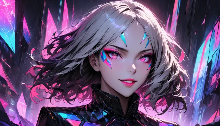 (best quality,highres,masterpiece:1.2),ultra-detailed,realistic,portrait,28-year-old,beautiful woman with futuristic makeup and hairstyle,vibrant colors,glowing neon lights,shimmering skin,sparkling eyes,perfect complexion,radiant smile,sharp cheekbones,lo...