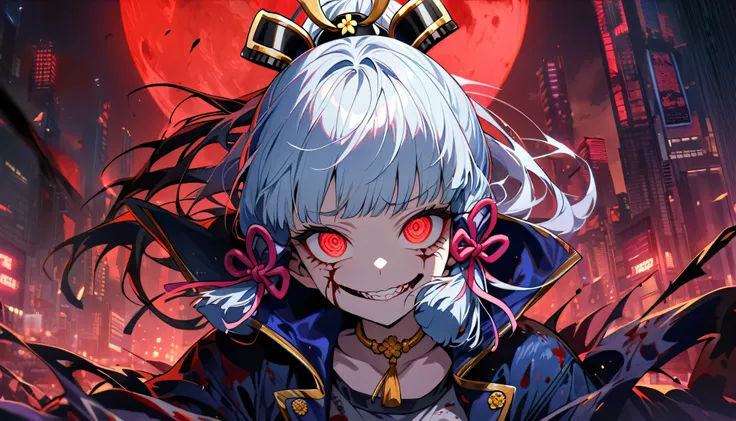 Kamisato Ayaka, danger ,solo,crazy evil smile,villain,blood,wearing street wear, night city,sad,highly detailed eyes, highly detailed face, highly detailed background,look at viewer,red moon background