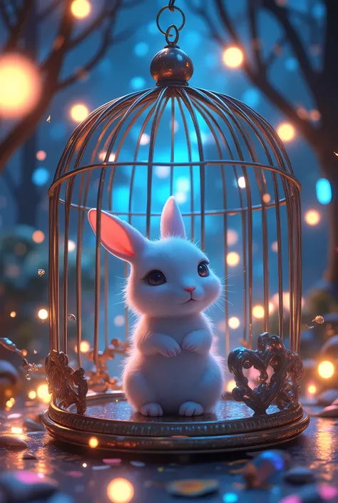 installation art, classy cuteness , rabbit in a birdcage ,  the birdcage door is open ,   lonely rabbit with watery eyes ,  femi...