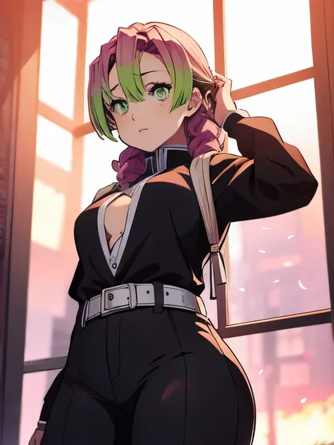 Mitsuri in demon slayer anime, 1woman, wearing short tight pants, at a night , mitsuris hair style, 8k, high detailed, high quality