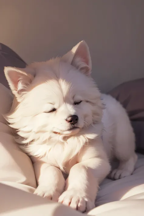 ((masterpiece)),best quality, beautiful detailed eyes, 8K resolution, Semi-realistic, cinematic lighting, 1 dog, "A small white Spitz puppy sleeping alone on bed. No humans in the scene, just the dog. Semi-realistic, 2.5D style, high-quality detail, natura...